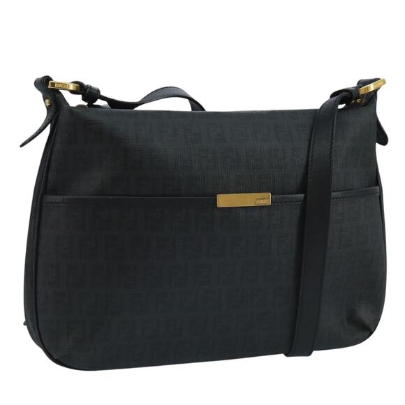 FENDI Zucchino Canvas Shoulder Bag Gold Black - Picture 1 of 13
